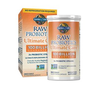garden of life raw probiotics for women and men ultimate care 100 billion cfu shelf stable non refrigerated probiotic supplement for adults, clinically studied strains, digestive enzymes, 30 capsules
