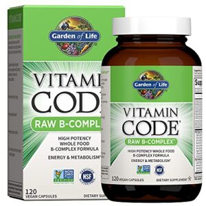 garden of life raw b complex – vitamin code – 120 vegan capsules, high potency vitamins for energy & metabolism with b2 riboflavin, b1, b3, b6, folate, b12 as methylcobalamin & biotin plus probiotics