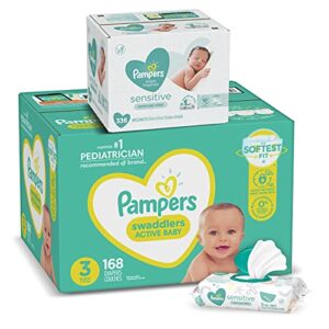 Diapers Size 3, 168 Count and Baby Wipes - Pampers Swaddlers Disposable Baby Diapers and Water Baby Wipes Sensitive Pop-Top Packs, 336 Count (Packaging May Vary)