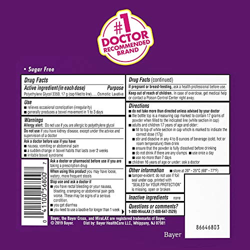 MiraLAX Laxative Powder for Gentle Constipation Relief, #1 Dr. Recommended Brand, 45 Dose Polyethylene Glycol 3350, Stimulant-Free, Softens Stool