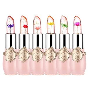 firstfly pack of 6 crystal flower jelly lipstick, long lasting nutritious lip balm lips moisturizer magic temperature color change lip gloss (pink)