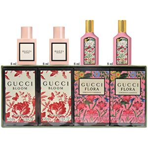 gucci 4 piece mini perfumes for women fragrance gift set – 2 ea bloom edp 0.16 oz splash and 2 ea flora gorgeous gardenia edp 0.16 oz splash