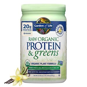 garden of life raw organic protein & greens vanilla – vegan protein powder for women and men, plant and pea proteins, greens & probiotics, gluten free low carb shake made without dairy 20 servings