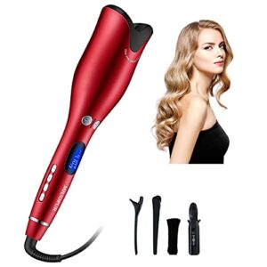 miuopur automatic hair curling iron with ceramic ionic barrel, smart anti-stuck, auto rotating hair curling wand with temperature display and timer, professional hair curler styling tool – red