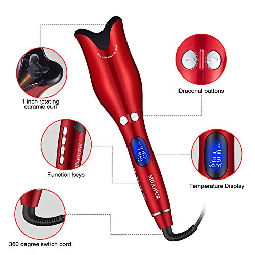 MIUOPUR Automatic Hair Curling Iron with Ceramic Ionic Barrel, Smart Anti-Stuck, Auto Rotating Hair Curling Wand with Temperature Display and Timer, Professional Hair Curler Styling Tool - Red