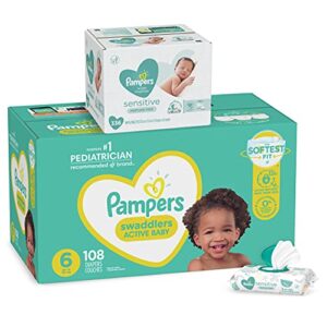 diapers size 6, 108 count and baby wipes – pampers swaddlers disposable baby diapers and water baby wipes sensitive pop-top packs, 336 count (packaging may vary)