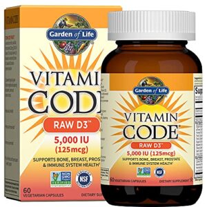 garden of life vitamin d, vitamin code raw d3, vitamin d 5,000 iu, raw whole food vitamin d supplements with chlorella, fruit, veggies & probiotics for bone & immune health, 60 vegetarian capsules