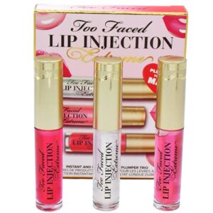 too faced lip injection extreme plumped to the max trio travel size set – original, bubblegum yum, pink punch – lip plumper / gloss, plump lips makeup