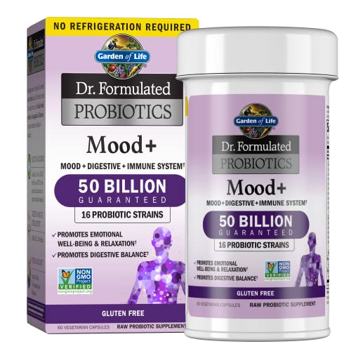 Garden of Life Dr. Formulated Probiotics Mood+ Acidophilus Probiotic Supplement - Promotes Emotional Well-Being, Relaxation and Digestive Balance - Ashwagandha for Stress Management, 60 Veggie Caps