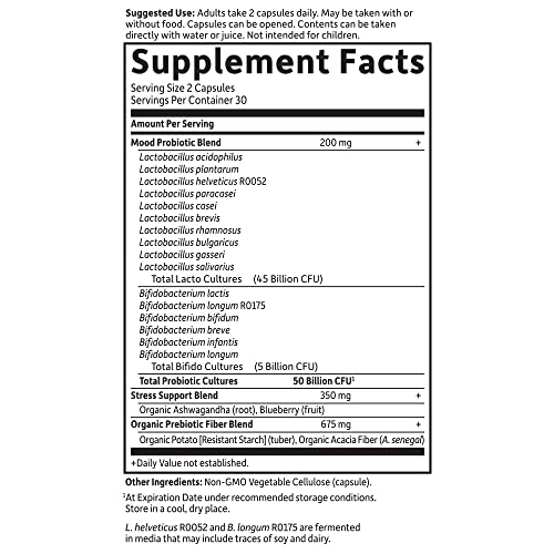 Garden of Life Dr. Formulated Probiotics Mood+ Acidophilus Probiotic Supplement - Promotes Emotional Well-Being, Relaxation and Digestive Balance - Ashwagandha for Stress Management, 60 Veggie Caps