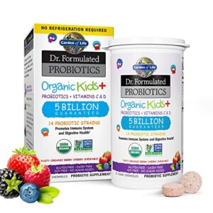 garden of life dr. formulated probiotics organic kids+ plus vitamin c & d – berry cherry – gluten, dairy & soy free immune & digestive health supplement, no added sugar, 30 chewables (shelf stable)