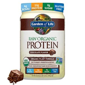 garden of life raw organic plant based protein powder, chocolate – vegan protein shake with bcaas, probiotics & digestive enzymes – no soy, dairy, lactose or gluten, sugar free – 20 servings