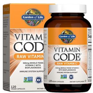 garden of life vitamin c – vitamin code raw vitamin c – 120 vegan capsules, 500mg whole food vitamin c with bioflavonoids, fruits & veggies, probiotics, gluten free vitamin c supplements for adults