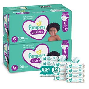 pampers cruisers disposable baby diapers size 6, 2 month supply (2 x 108 count) with sensitive water based baby wipes, 12x pop-top packs (864 count)