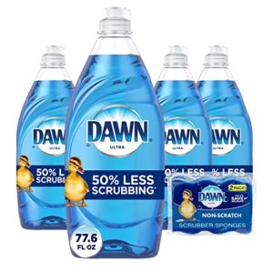 dawn ultra dishwashing liquid dish soap (4×19.4 fl oz) + non-scratch sponge (2 count), original scent