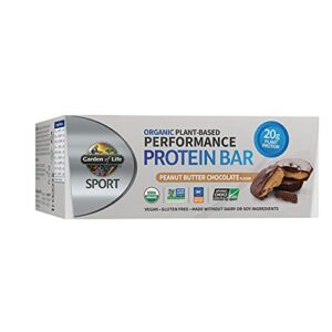 protein bars by garden of life sport, organic vegan protein bar for women & men – peanut butter chocolate 20g pure protein per bar with bcaas & 9g fiber, high protein for pre & post workout, 12 count