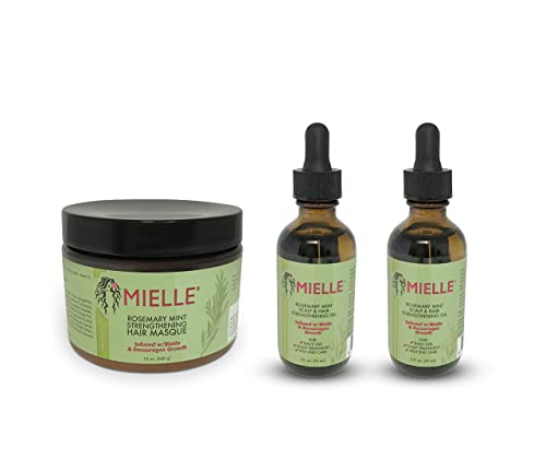 Mielle Organics Rosemary Mint Growth Oil 2 oz (Pack of 2),and Strengthening Hair Masque 12 oz,Sulfate and Paraben Free,For daily haircare and scalp treatments