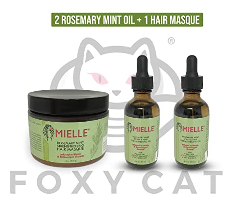 Mielle Organics Rosemary Mint Growth Oil 2 oz (Pack of 2),and Strengthening Hair Masque 12 oz,Sulfate and Paraben Free,For daily haircare and scalp treatments