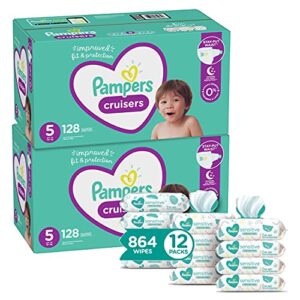 pampers cruisers disposable baby diapers size 5, 2 month supply (2 x 128 count) with sensitive water based baby wipes, 12x pop-top packs (864 count)