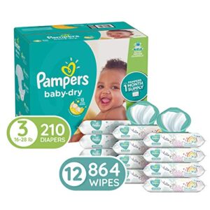 Diapers Size 3, 210 Count and Baby Wipes - Pampers Baby Dry Disposable Baby Diapers, ONE Month Supply with Pampers Sensitive Water Baby Wipes