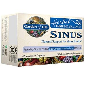 garden of life sinus care for adults, herbal immune balance sinus natural support for sinus health, 100 mg butterbur, bromelain, vitamin c, d3, probiotics, sinus relief supplements, 60 capsules