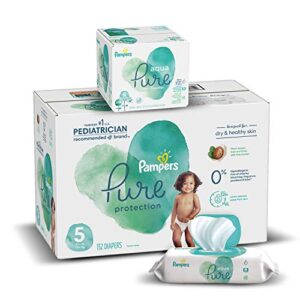 diapers size 5, 132 count and baby wipes – pampers pure protection diapers and aqua pure 6x pop-top sensitive water baby wipes, 336 count (packaging may vary)