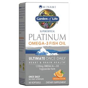 garden of life minami supercritical platinum omega 3 fish oil supplement – orange, ultimate once daily for heart & brain health, 1100mg omega-3s, 1,000 iu vitamin d3, 60 softgels