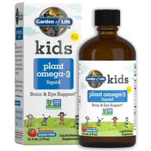 garden of life plant omega-3 ala, dha & epa supplement for children -liquid, strawberry – vegan brain & eye support for kids, sugar free & non-gmo – 2 fl oz