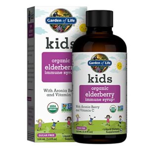 garden of life organic sambucas elderberry syrup for kids plus aronia berry & acerola cherry with vitamin c for immune support, sugar free, liquid, 3.9 fl oz