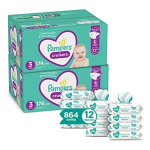 pampers cruisers disposable baby diapers size 3, 2 month supply (2 x 174 count) with sensitive water based baby wipes, 12x pop-top packs (864 count)