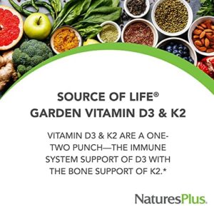 NaturesPlus Source of Life Garden Vitamin D3 & K2 - 60 Vegan Capsules - Promotes Bone Support, Immune Function, Cardiovascular Health & Mood Balance - Vegan, Gluten Free - 60 Servings