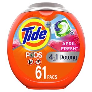 tide pods plus downy 4 in 1 he turbo laundry detergent soap pods, april fresh scent, 61 count tub – packaging may vary