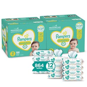 pampers baby diapers and wipes 2 month supply – two swaddlers disposable baby diapers sizes 2, 186 count with sensitive water-based baby wipes, 864 count
