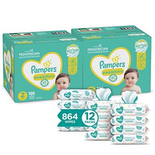 Pampers Baby Diapers and Wipes 2 Month Supply - Two Swaddlers Disposable Baby Diapers Sizes 2, 186 Count with Sensitive Water-Based Baby Wipes, 864 Count