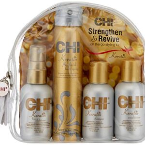 CHI Strengthen and Revive On The Go Styling Kit Unisex 2oz Keratin Shampoo, 2oz Keratin Conditioner, 2oz Keratin Leave-In Conditioner, 2.6oz Keratin Flex Finish Hair Spray 4 Pc