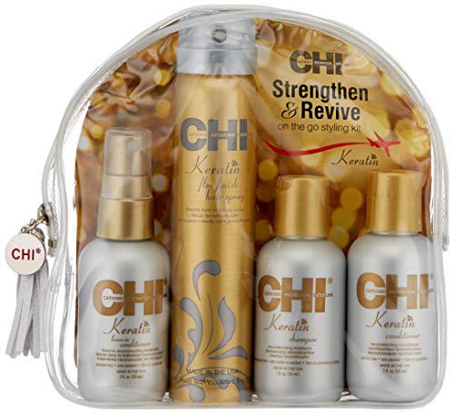 CHI Strengthen and Revive On The Go Styling Kit Unisex 2oz Keratin Shampoo, 2oz Keratin Conditioner, 2oz Keratin Leave-In Conditioner, 2.6oz Keratin Flex Finish Hair Spray 4 Pc