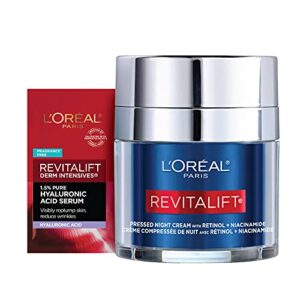 l’oreal paris revitalift pressed night cream, retinol + niacinamide, visibly reduces wrinkles & deeply moisturizes, fragrance free, 1.7 oz + serum sample