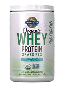 garden of life whey protein powder unflavored – 21g certified organic grass fed protein for women & men + probiotics, 12 servings – stevia free, gluten free, lightly sweet from organic cane sugar