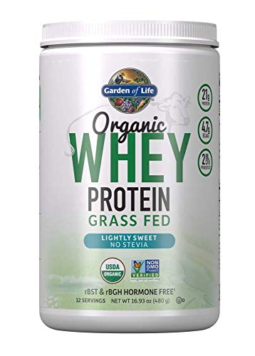 Garden of Life Whey Protein Powder Unflavored - 21g Certified Organic Grass Fed Protein for Women & Men + Probiotics, 12 Servings - Stevia Free, Gluten Free, Lightly Sweet from Organic Cane Sugar