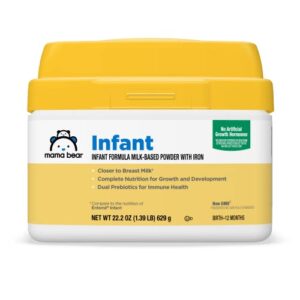 amazon brand – mama bear infant milk-based baby formula powder with iron, dual prebiotics, omega 3 dha and choline, brain, growth, immunity, 22.2 ounce