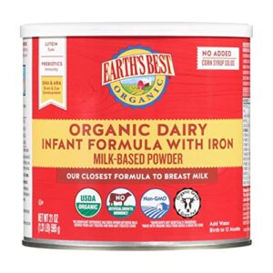earth’s best organic baby formula for babies 0-12 months, powdered dairy infant formula with iron, omega-3 dha, and omega-6 ara, 21 oz formula container