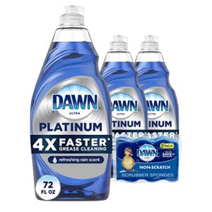 Dawn Dish Soap Platinum Dishwashing Liquid + Non-Scratch Sponges for Dishes, Refreshing Rain Scent, Includes 3x24oz + 2 Sponges (Packaging May Vary)