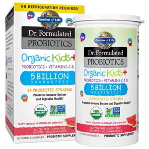 garden of life dr. formulated probiotics organic kids+ plus vitamin c & d – watermelon – gluten, dairy & soy free immune & digestive health supplement, no added sugar, 30 chewables (shelf stable)