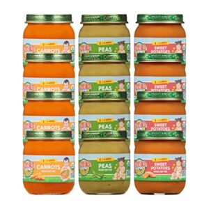 earth’s best organic baby food jars, stage 1 vegetable puree for babies 4 months and older, organic veggie variety pack, 4 oz resealable glass jar (pack of 12)
