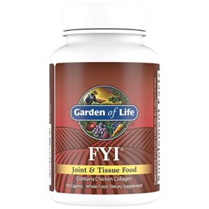 garden of life joint and tissue support, fyi supplement with chicken collagen type ii, ginger, cats claw, turmeric, oregano and enzymes bromelain, papain, amylase, lipase, 90 day supply, 90 caplets