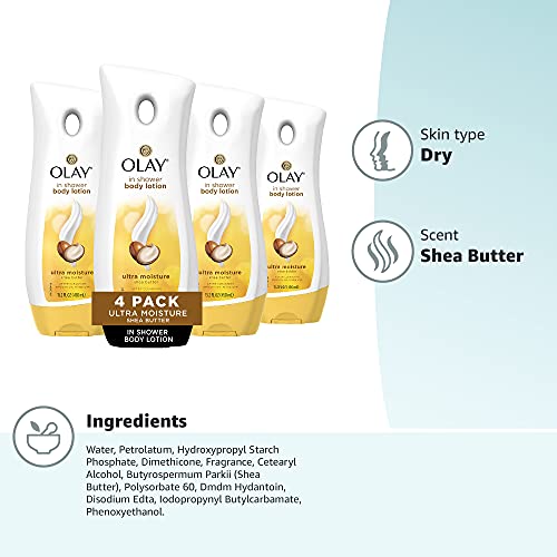 Olay Ultra Moisture Shea Butter In-Shower Body Lotion, Improves Dry Skin Hydration in 5 Days, 15.2 Fl Oz (Pack of 4)