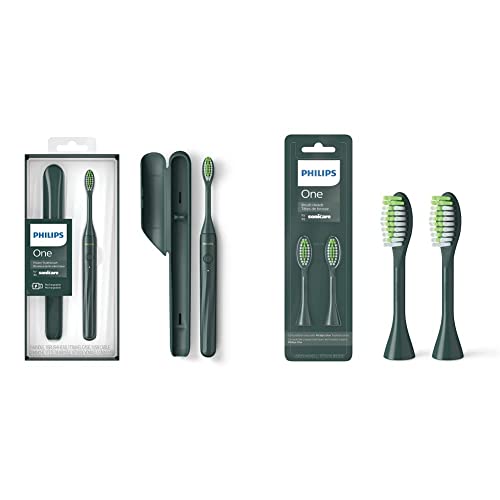 Philips One by Sonicare Rechargeable Toothbrush, Sage, HY1200/08 with Philips One by Sonicare 2pk Brush Heads, Green BH1022/08