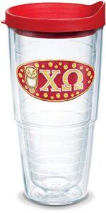 tervis fraternity – chi omega tumbler with emblem and red lid 24oz, clear
