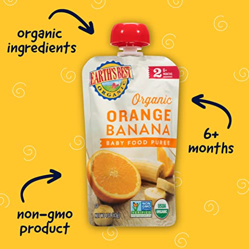 Earth's Best Organic Baby Food Pouches, Stage 2 Fruit Puree for Babies 6 Months and Older, Organic Orange and Banana Puree, 4 oz Resealable Pouch (Pack of 12)