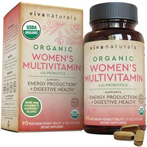 organic multivitamins for women with probiotics (90 tablets) – women multivitamins for daily energy, digestive health and immune support supplement with vitamin b12, c, d and e, iron, folate.